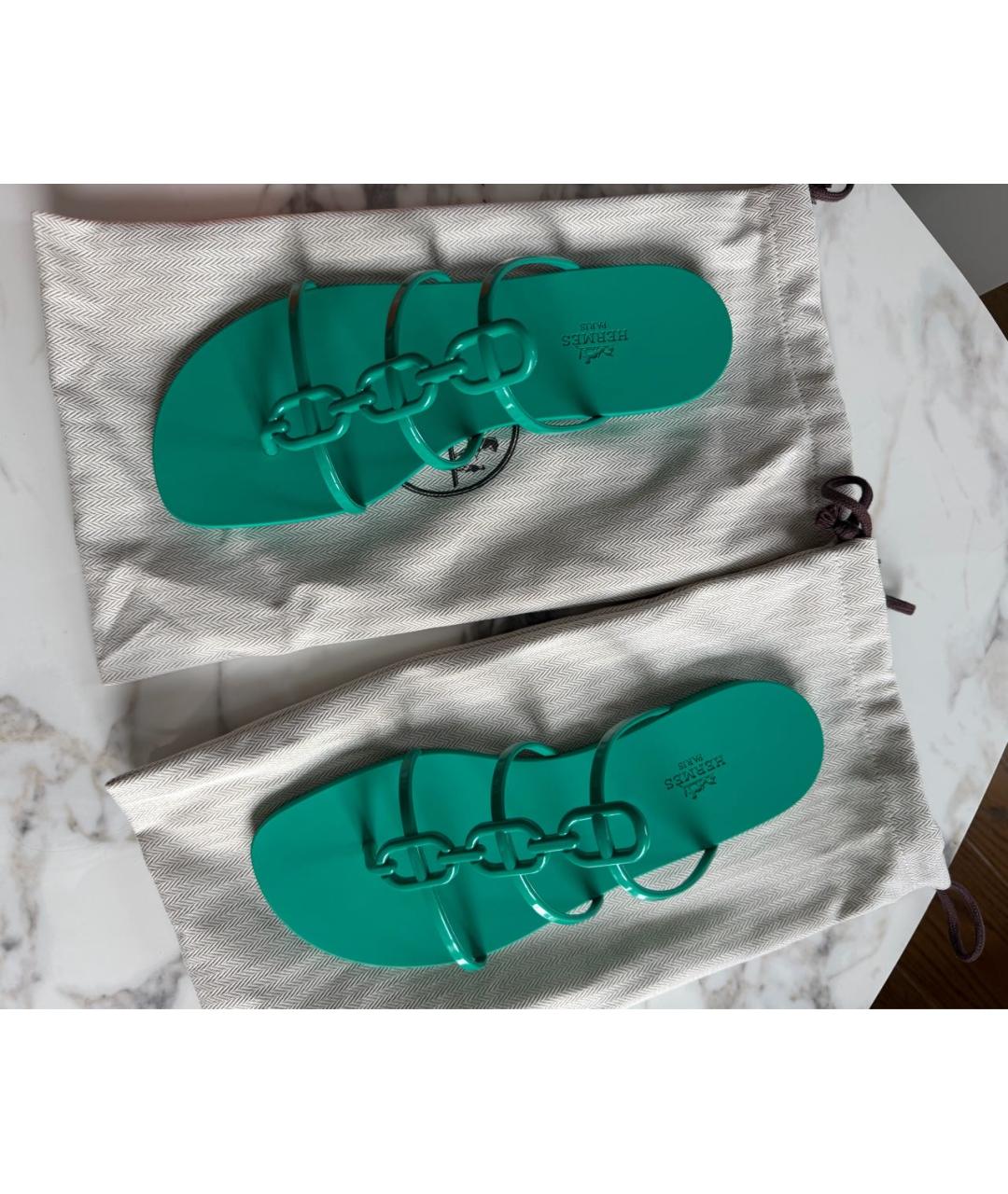 HERMES Зеленые нубуковые шлепанцы, фото 4