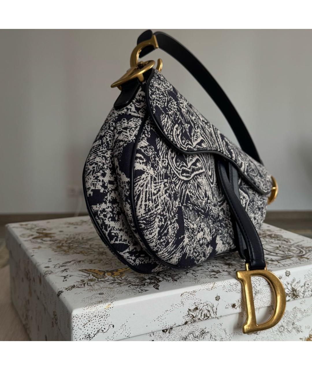 CHRISTIAN DIOR Темно-синяя жаккардовая сумка с короткими ручками, фото 2