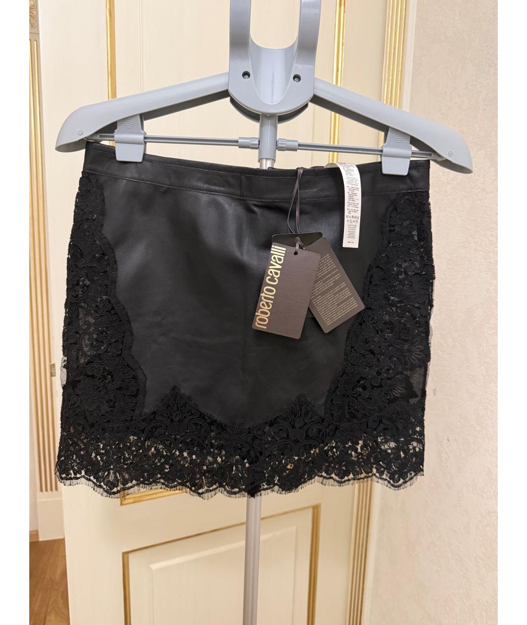 ROBERTO CAVALLI Черная кожаная юбка мини, фото 10