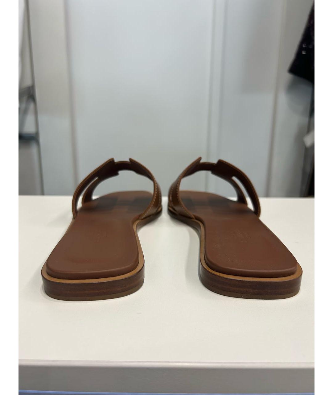 HERMES Коричневые кожаные шлепанцы, фото 4