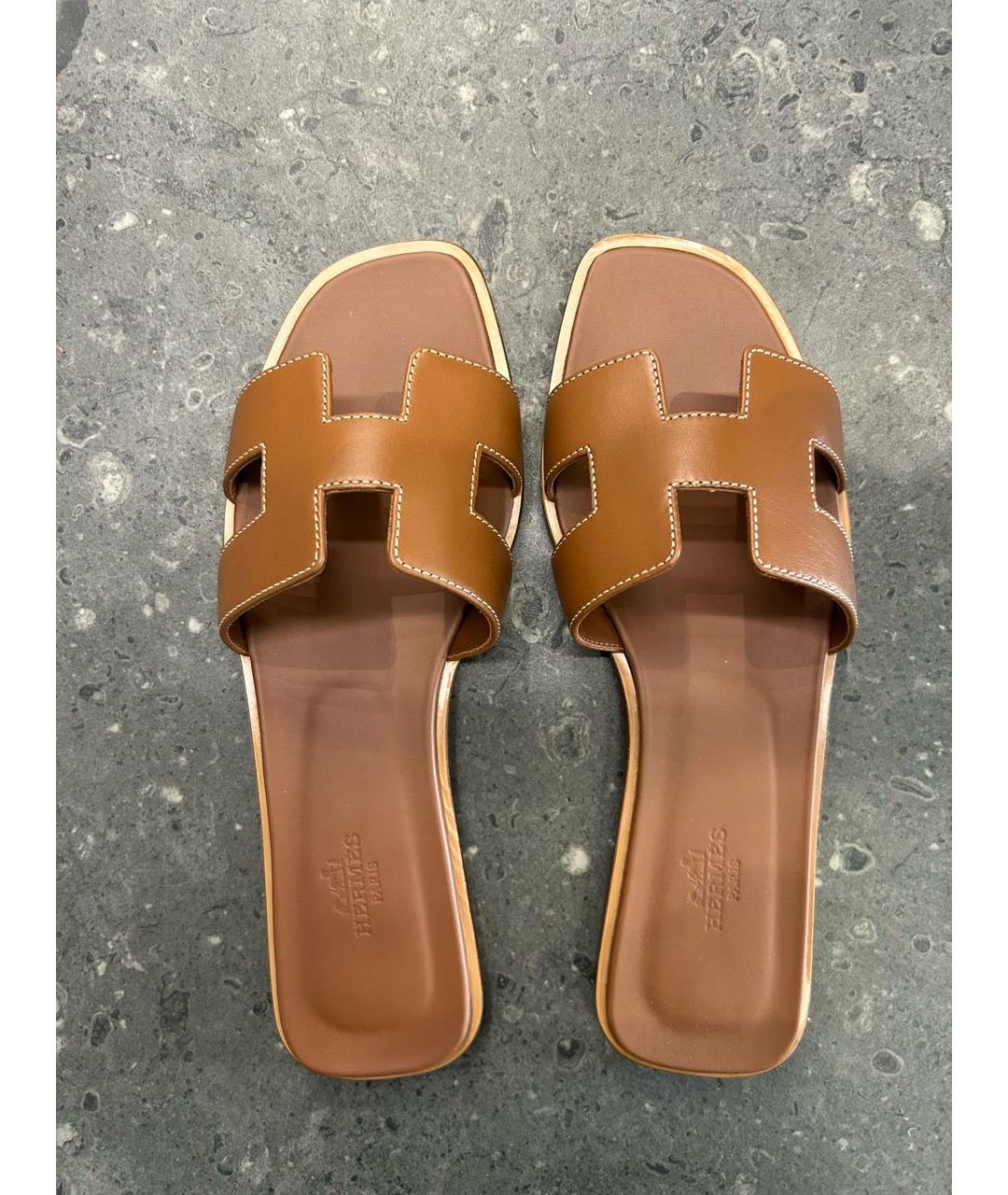 HERMES Коричневые кожаные шлепанцы, фото 3
