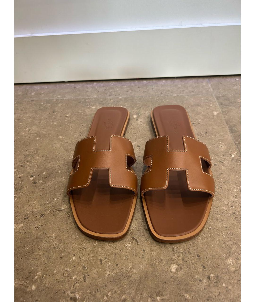 HERMES Коричневые кожаные шлепанцы, фото 2