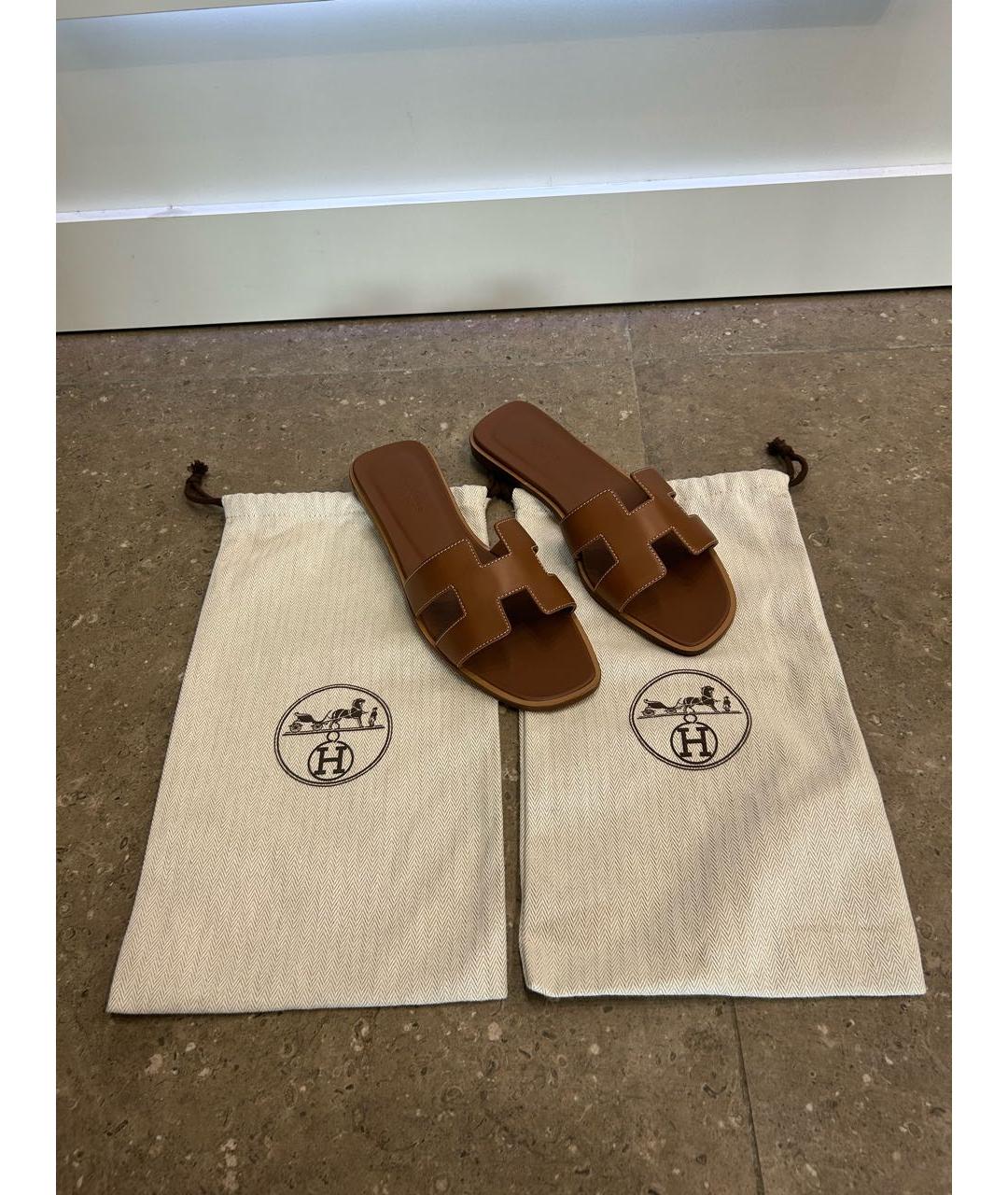 HERMES Коричневые кожаные шлепанцы, фото 5