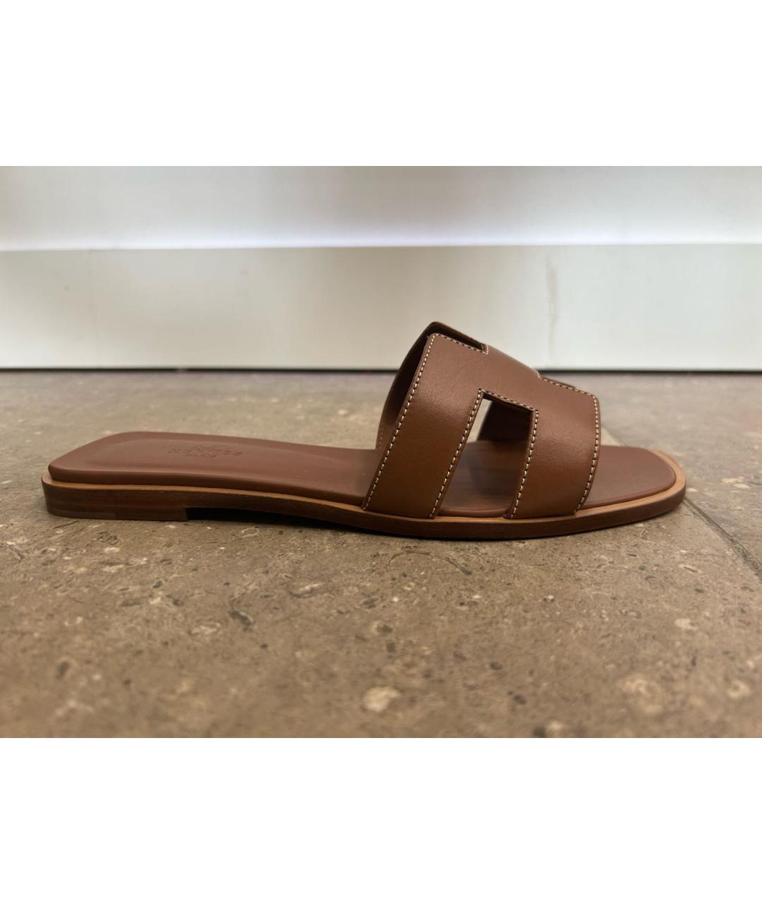 HERMES Коричневые кожаные шлепанцы, фото 9