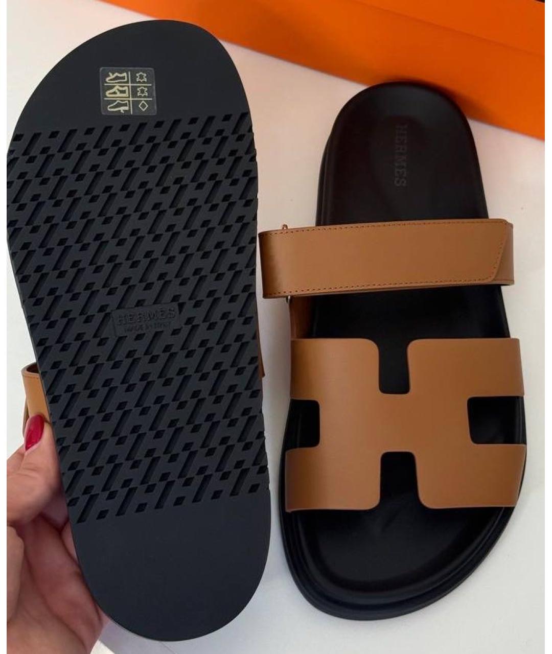 HERMES Черные кожаные шлепанцы, фото 5