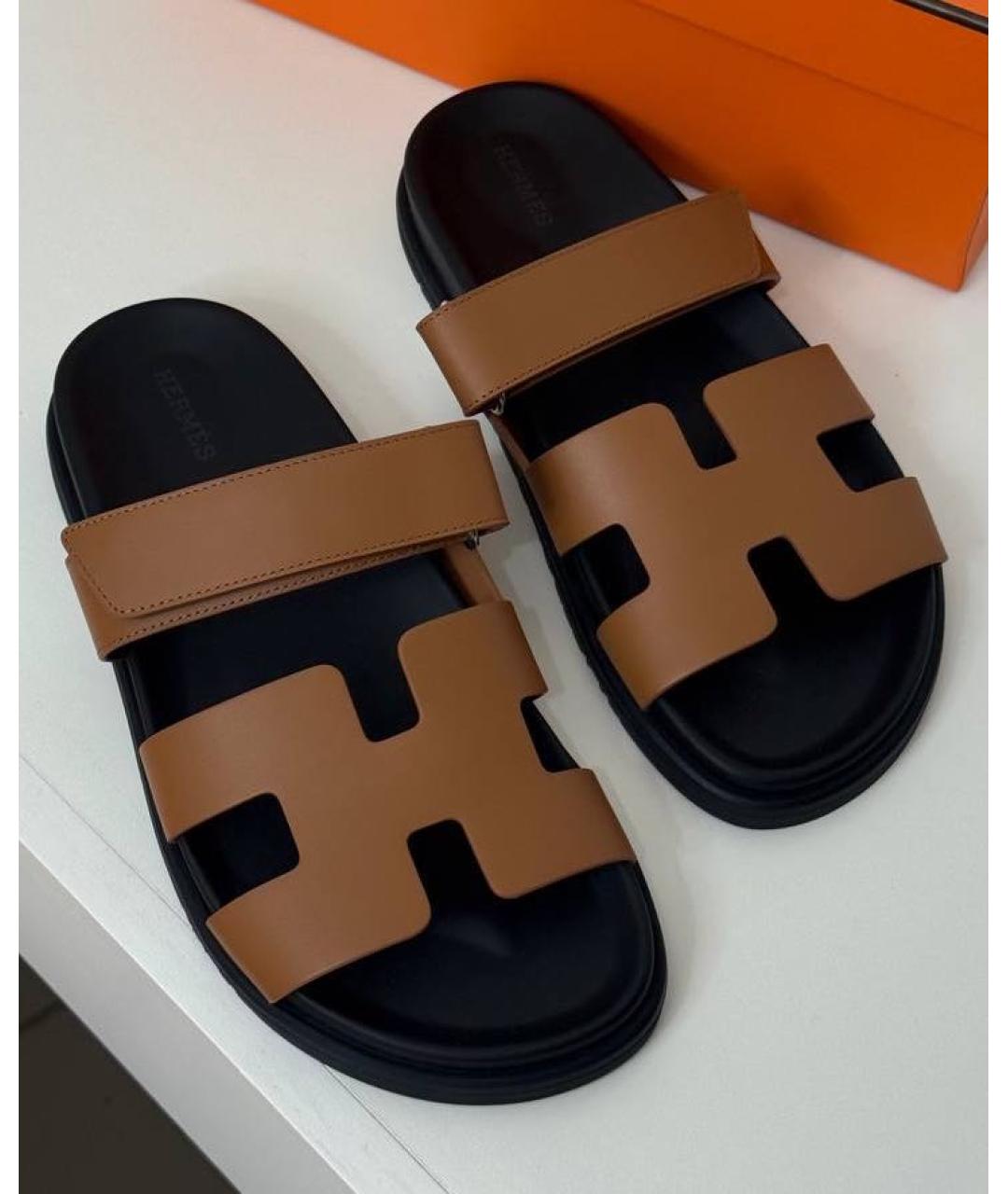 HERMES Черные кожаные шлепанцы, фото 4