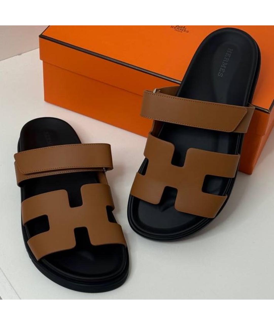 HERMES Черные кожаные шлепанцы, фото 2