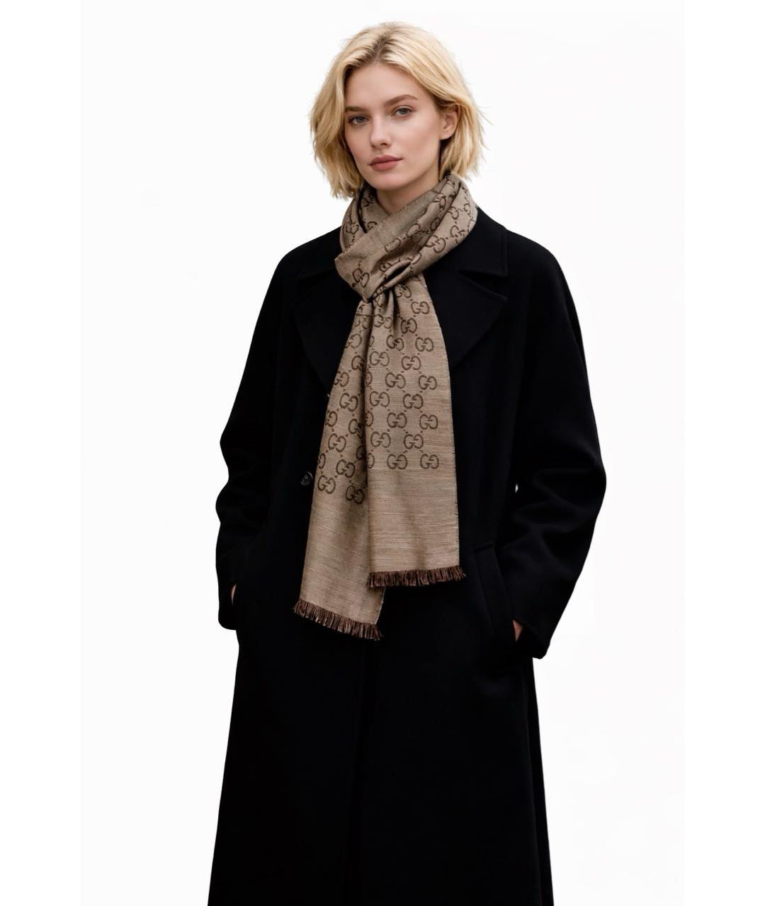 GUCCI Коричневый шерстяной шарф, фото 6