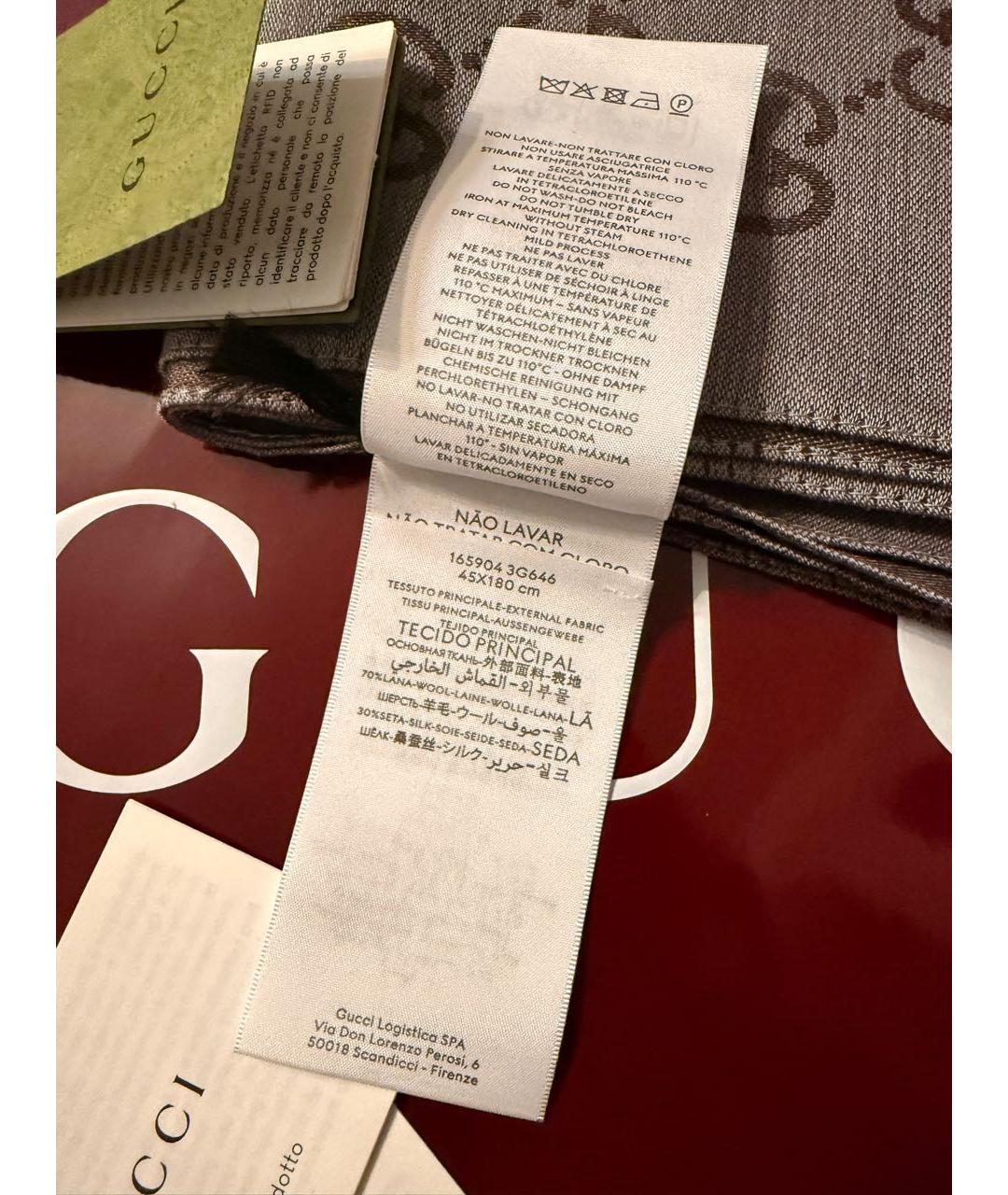 GUCCI Коричневый шерстяной шарф, фото 5