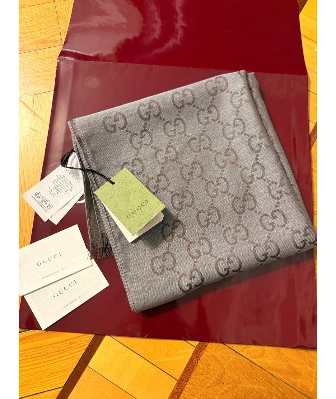 GUCCI Коричневый шерстяной шарф, фото 2