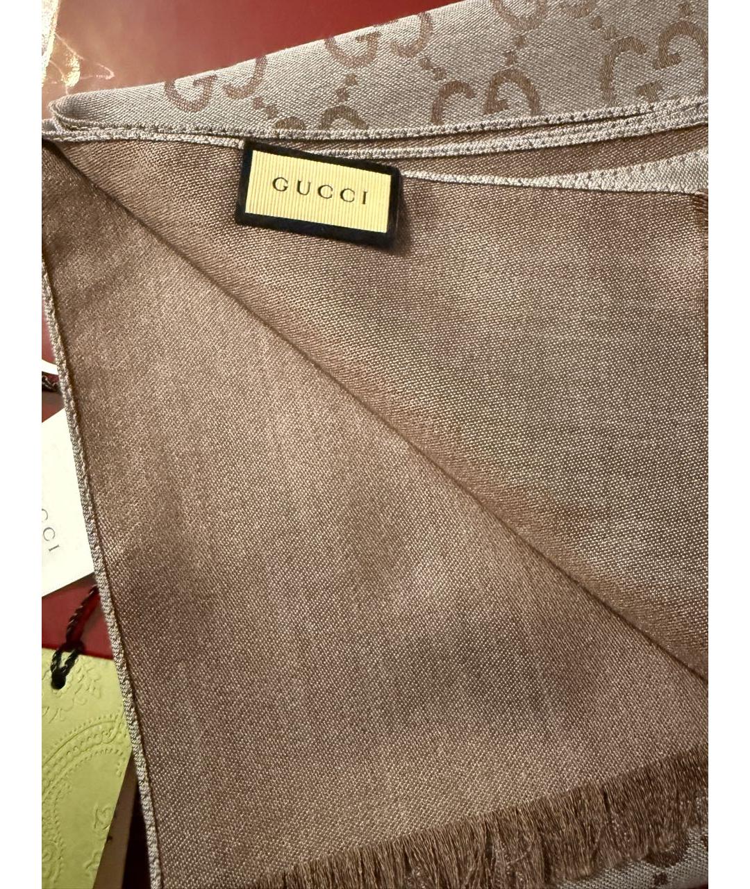 GUCCI Коричневый шерстяной шарф, фото 3
