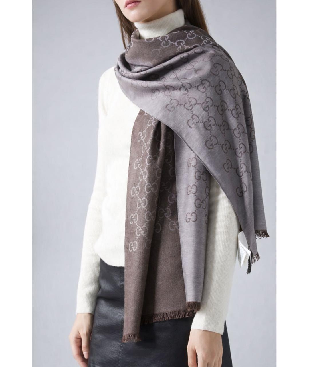 GUCCI Коричневый шерстяной шарф, фото 7