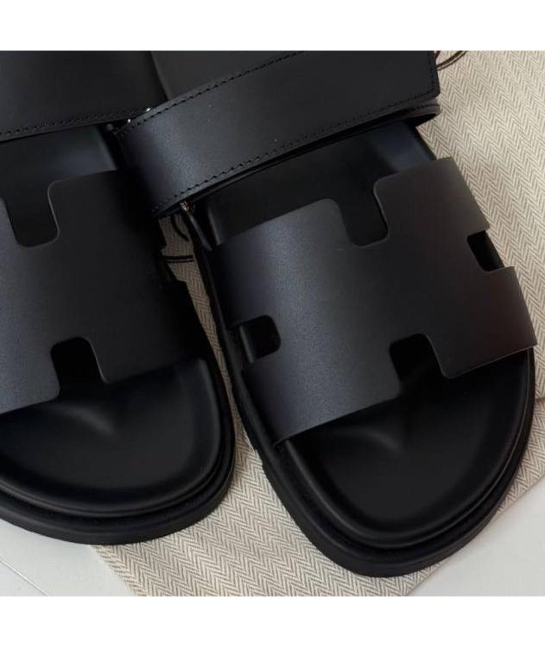HERMES Черные кожаные шлепанцы, фото 7