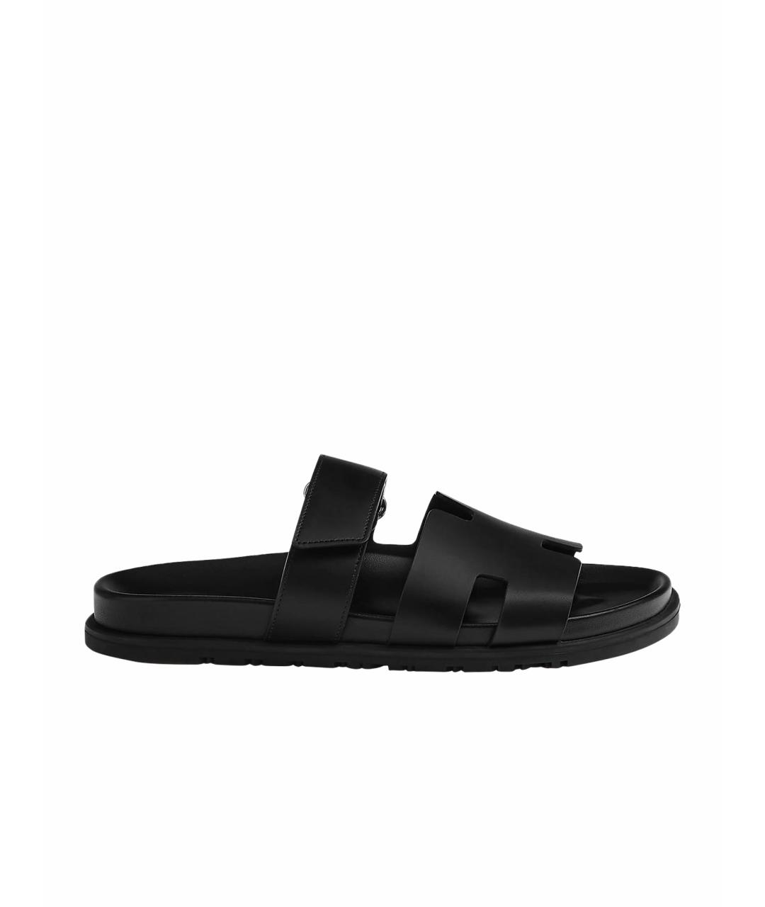 HERMES Черные кожаные шлепанцы, фото 1