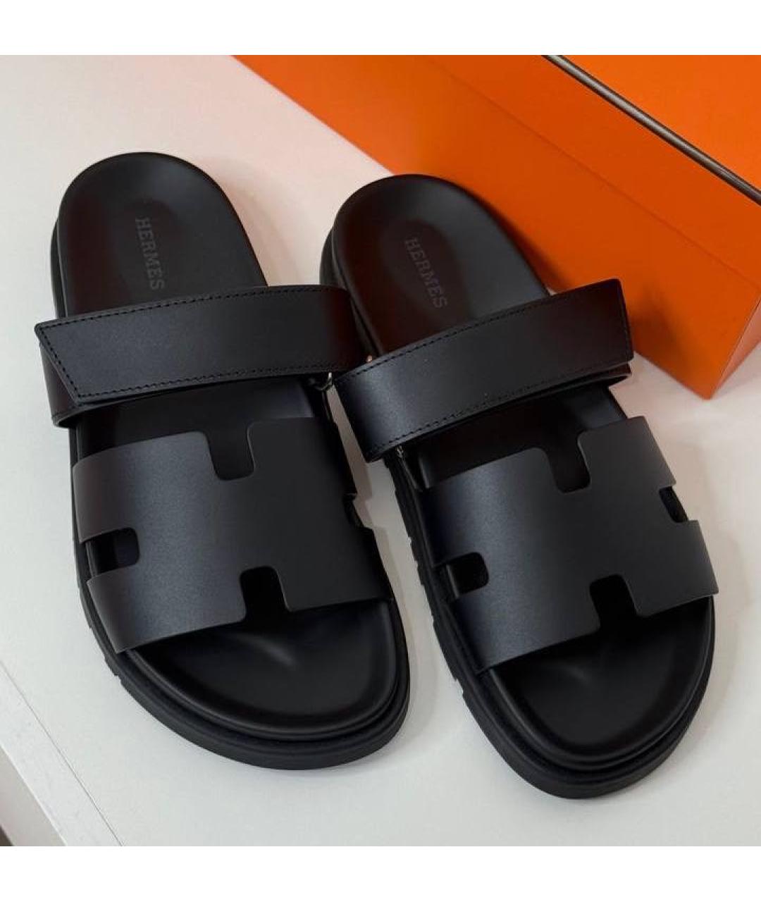 HERMES Черные кожаные шлепанцы, фото 2