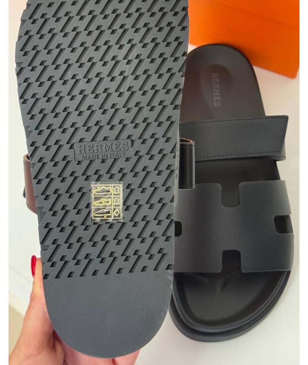 HERMES Черные кожаные шлепанцы, фото 4