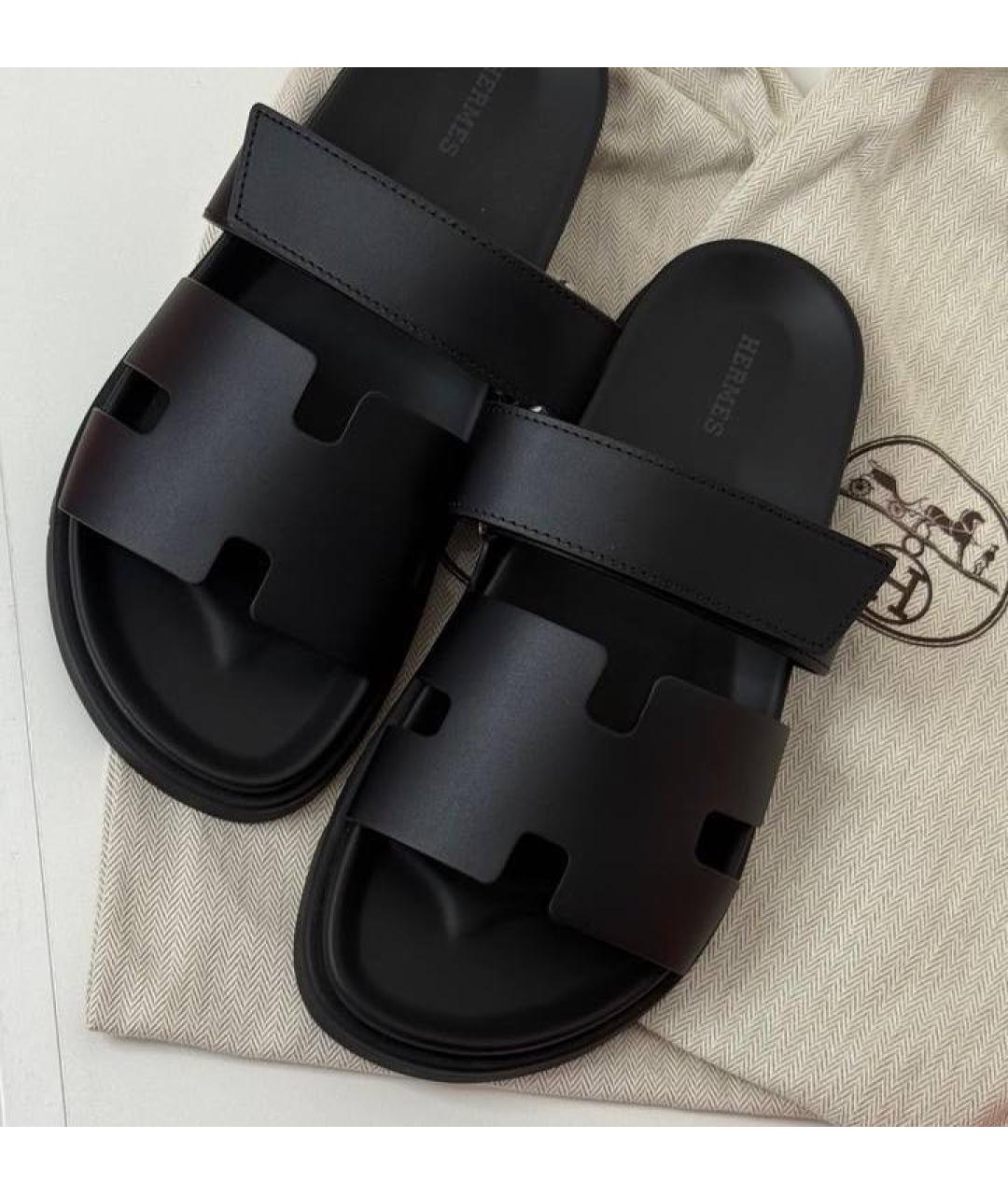 HERMES Черные кожаные шлепанцы, фото 6