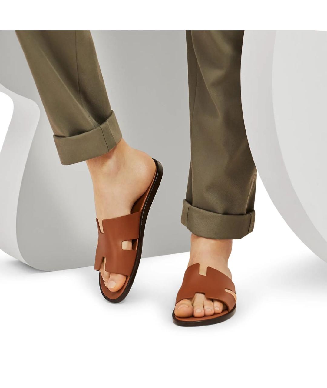 HERMES Коричневые кожаные шлепанцы, фото 3
