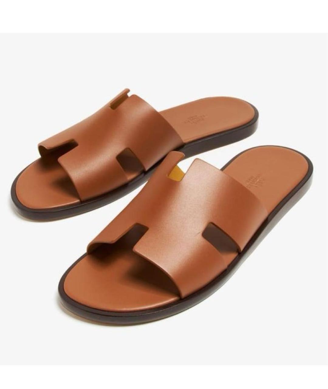 HERMES Коричневые кожаные шлепанцы, фото 7