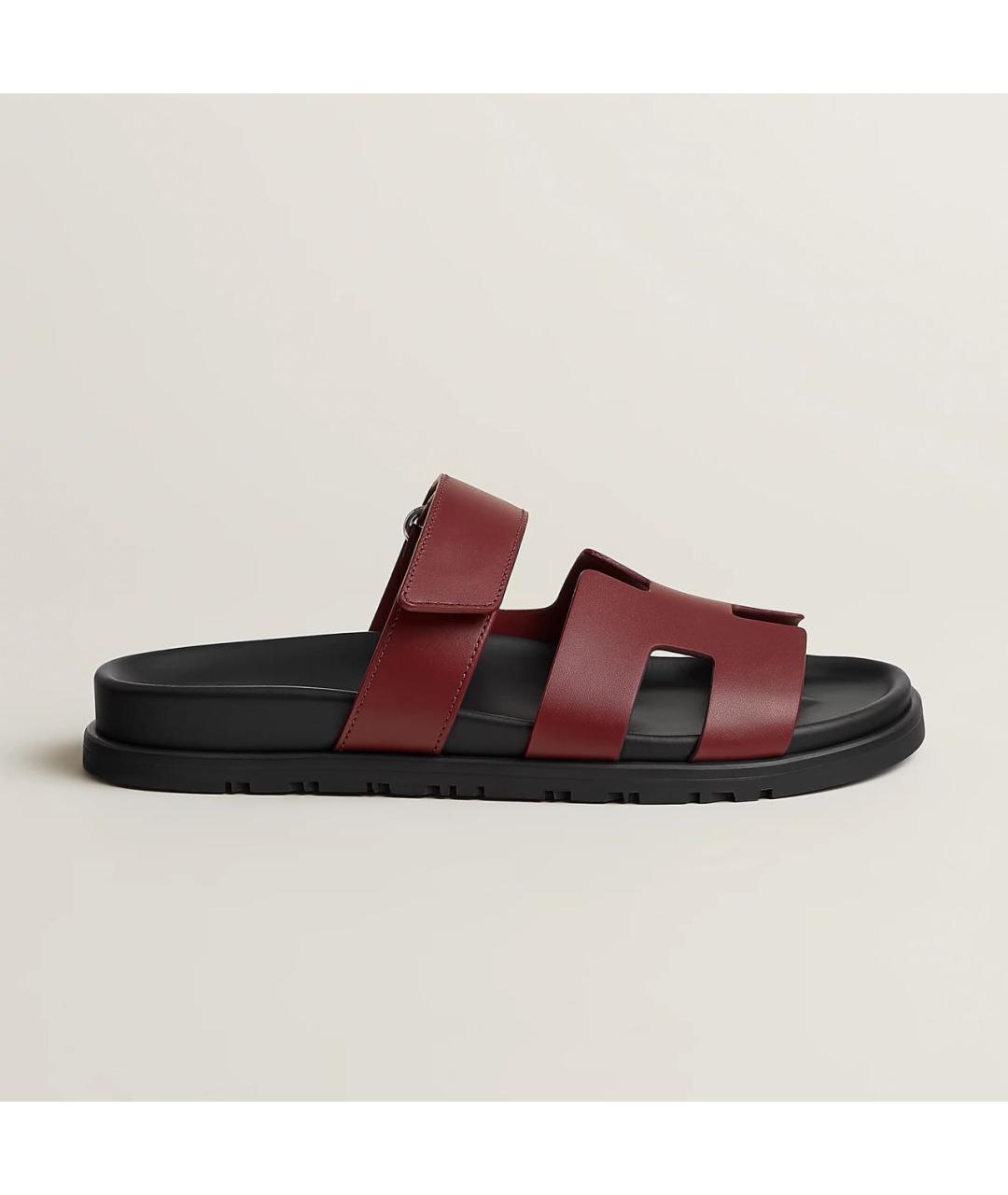 HERMES Бордовые кожаные шлепанцы, фото 4