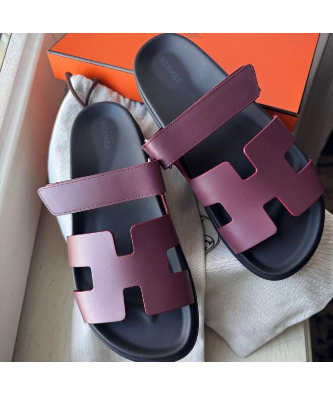 HERMES Бордовые кожаные шлепанцы, фото 2