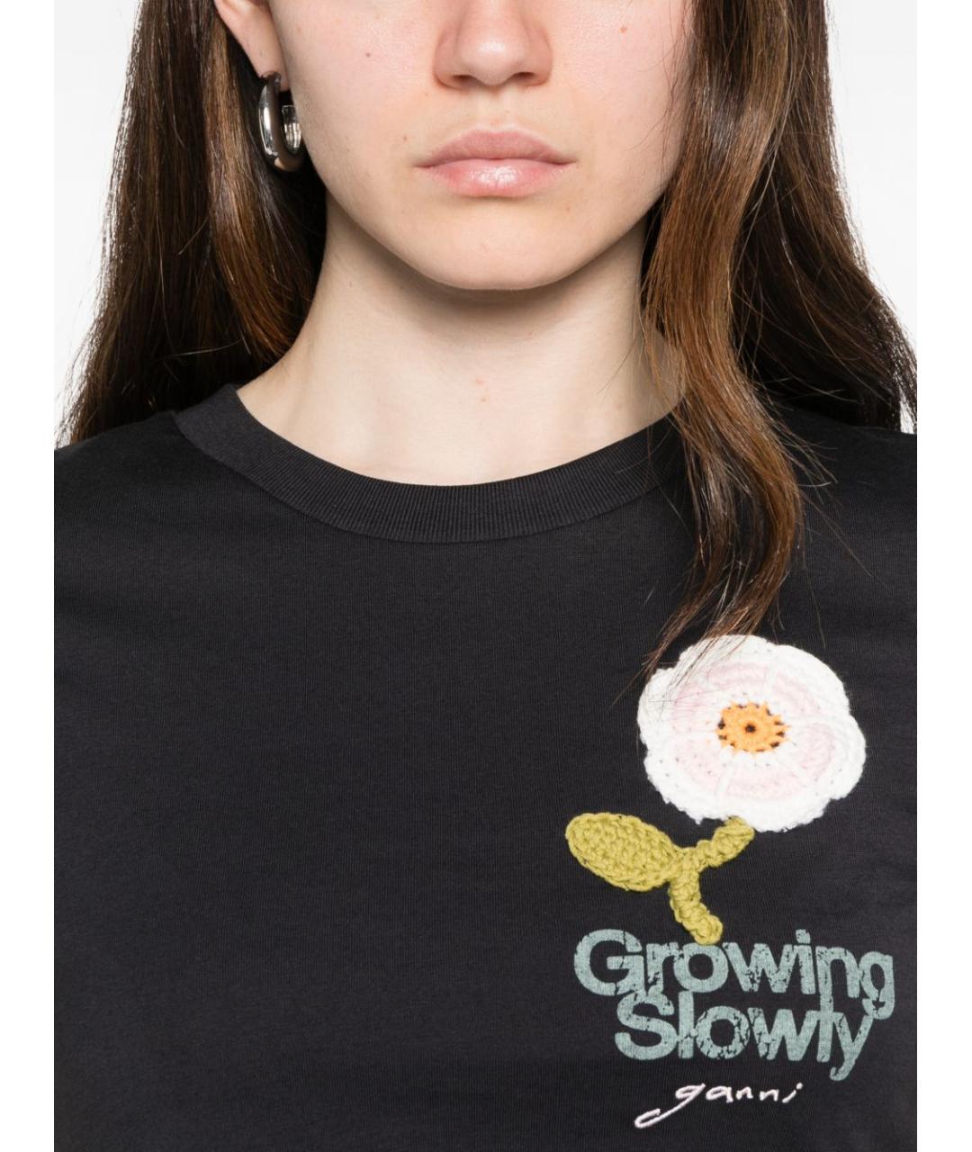 GANNI Черная хлопковая футболка, фото 4