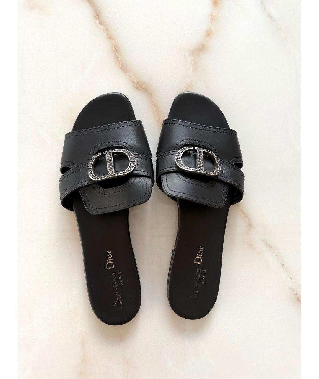 CHRISTIAN DIOR Черные кожаные шлепанцы, фото 7