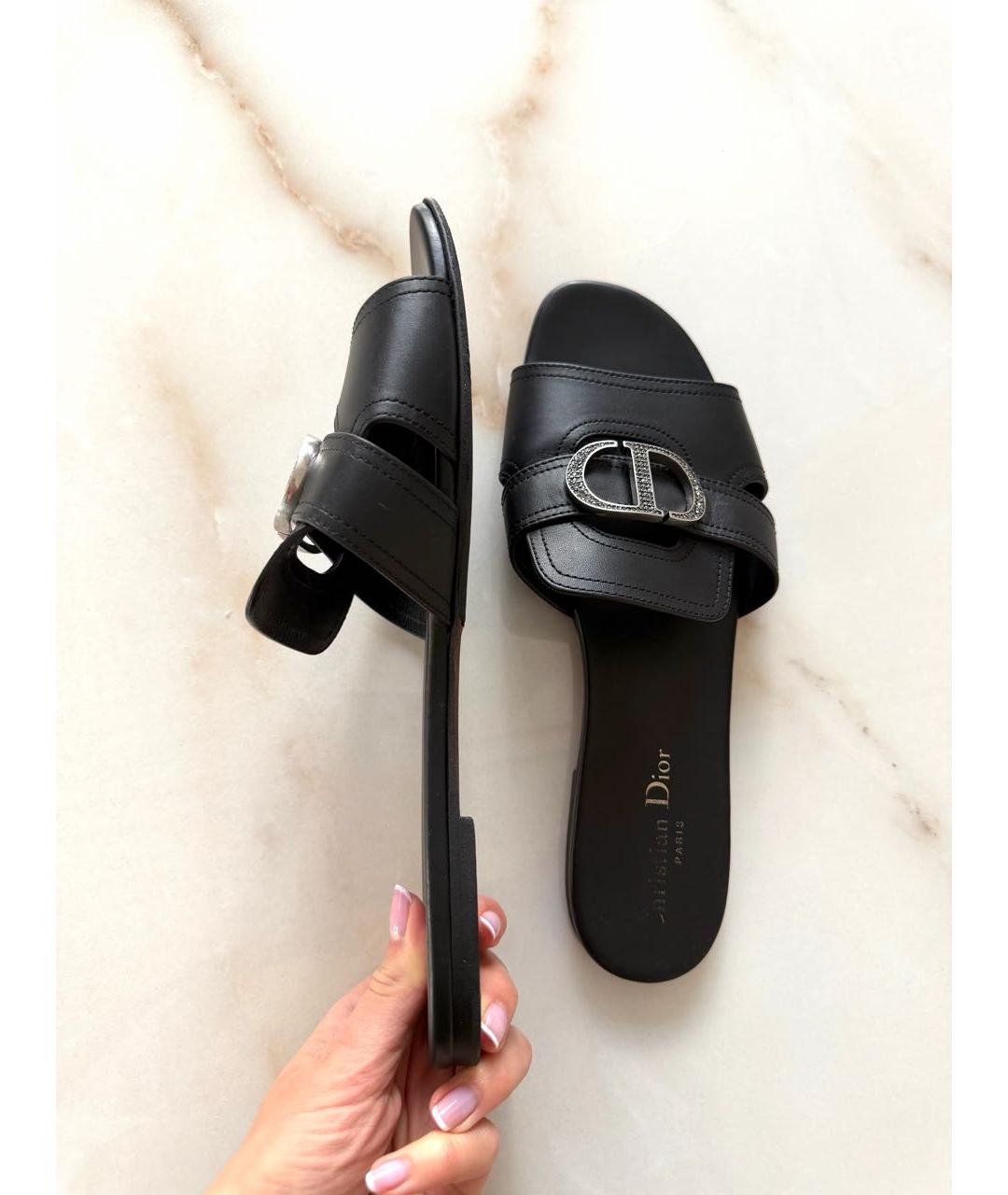 CHRISTIAN DIOR Черные кожаные шлепанцы, фото 5