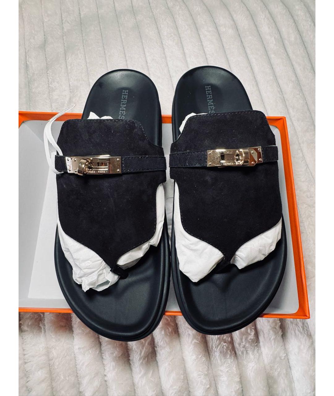 HERMES Черные замшевые шлепанцы, фото 4