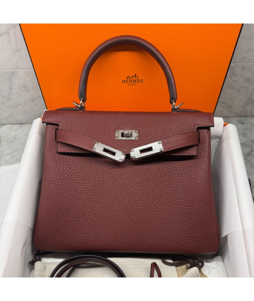 HERMES Бордовая кожаная сумка с короткими ручками, фото 8