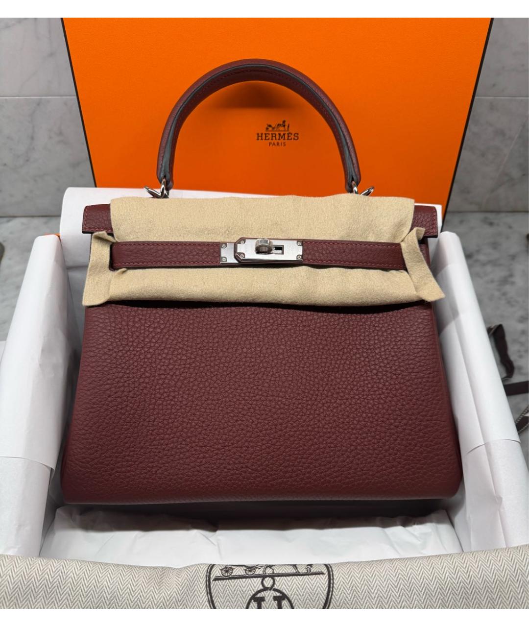 HERMES Бордовая кожаная сумка с короткими ручками, фото 2