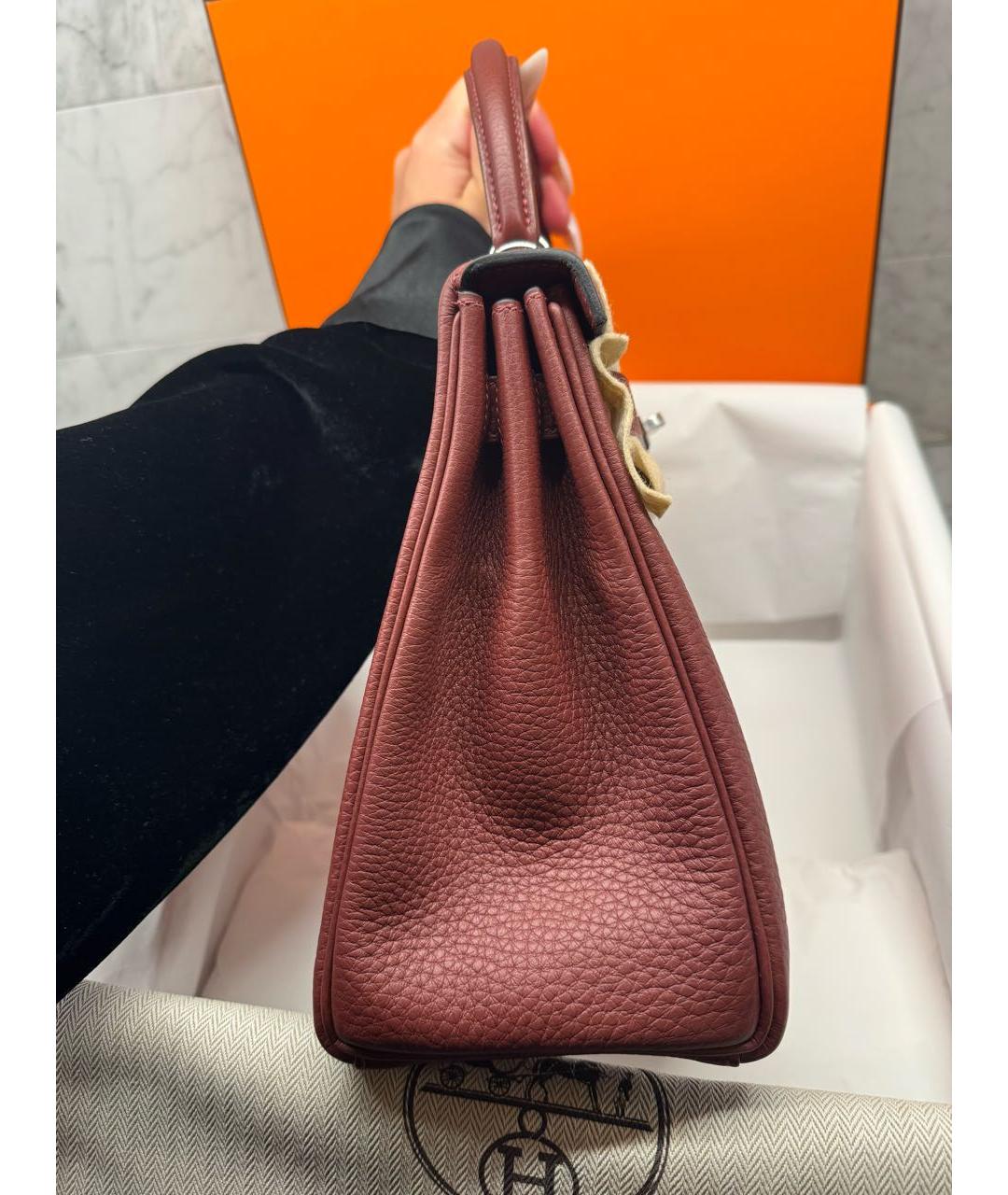 HERMES Бордовая кожаная сумка с короткими ручками, фото 6