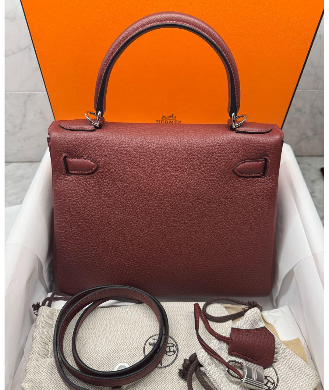 HERMES Бордовая кожаная сумка с короткими ручками, фото 4