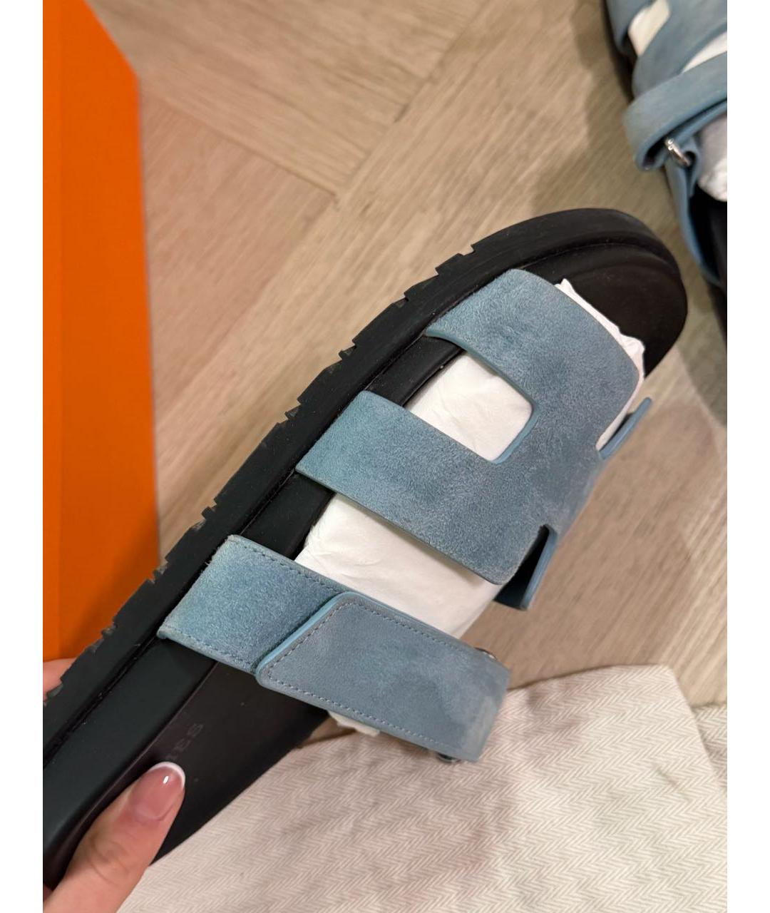 HERMES Голубые замшевые шлепанцы, фото 4