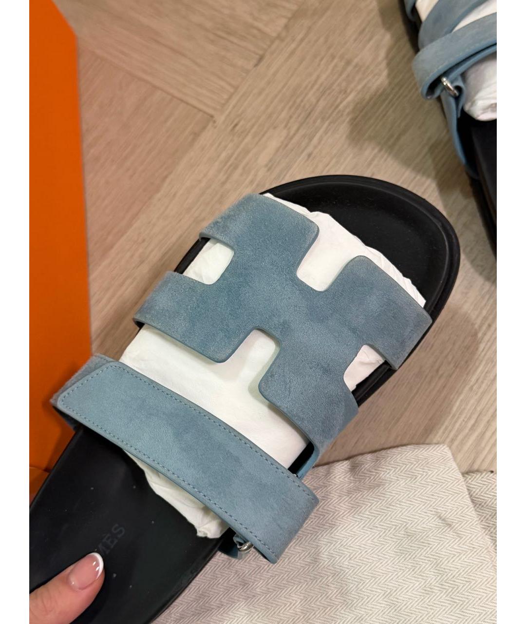 HERMES Голубые замшевые шлепанцы, фото 7