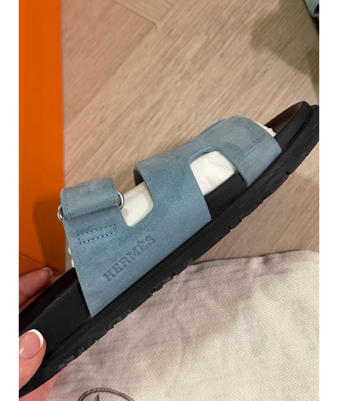 HERMES Голубые замшевые шлепанцы, фото 3