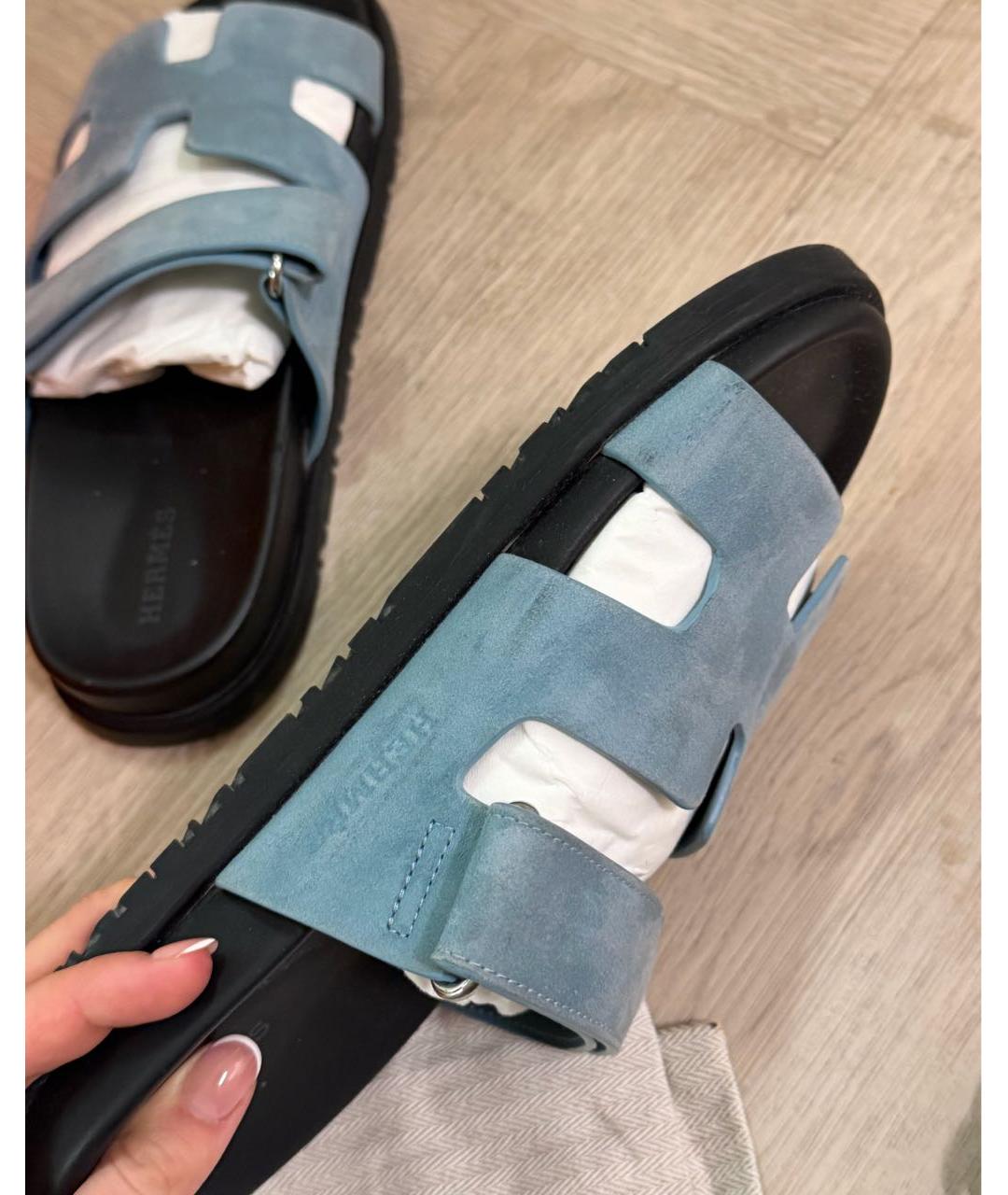 HERMES Голубые замшевые шлепанцы, фото 5