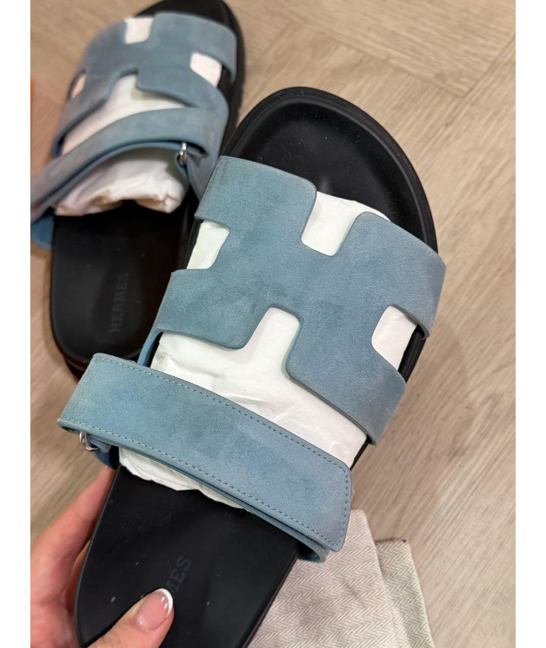 HERMES Голубые замшевые шлепанцы, фото 6