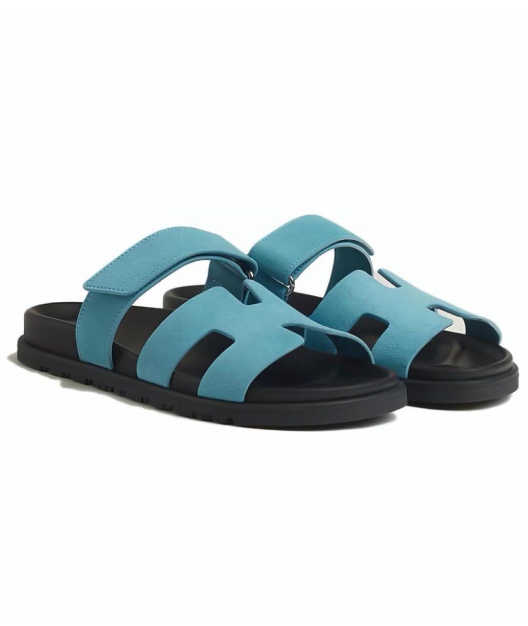 HERMES Голубые замшевые шлепанцы, фото 9