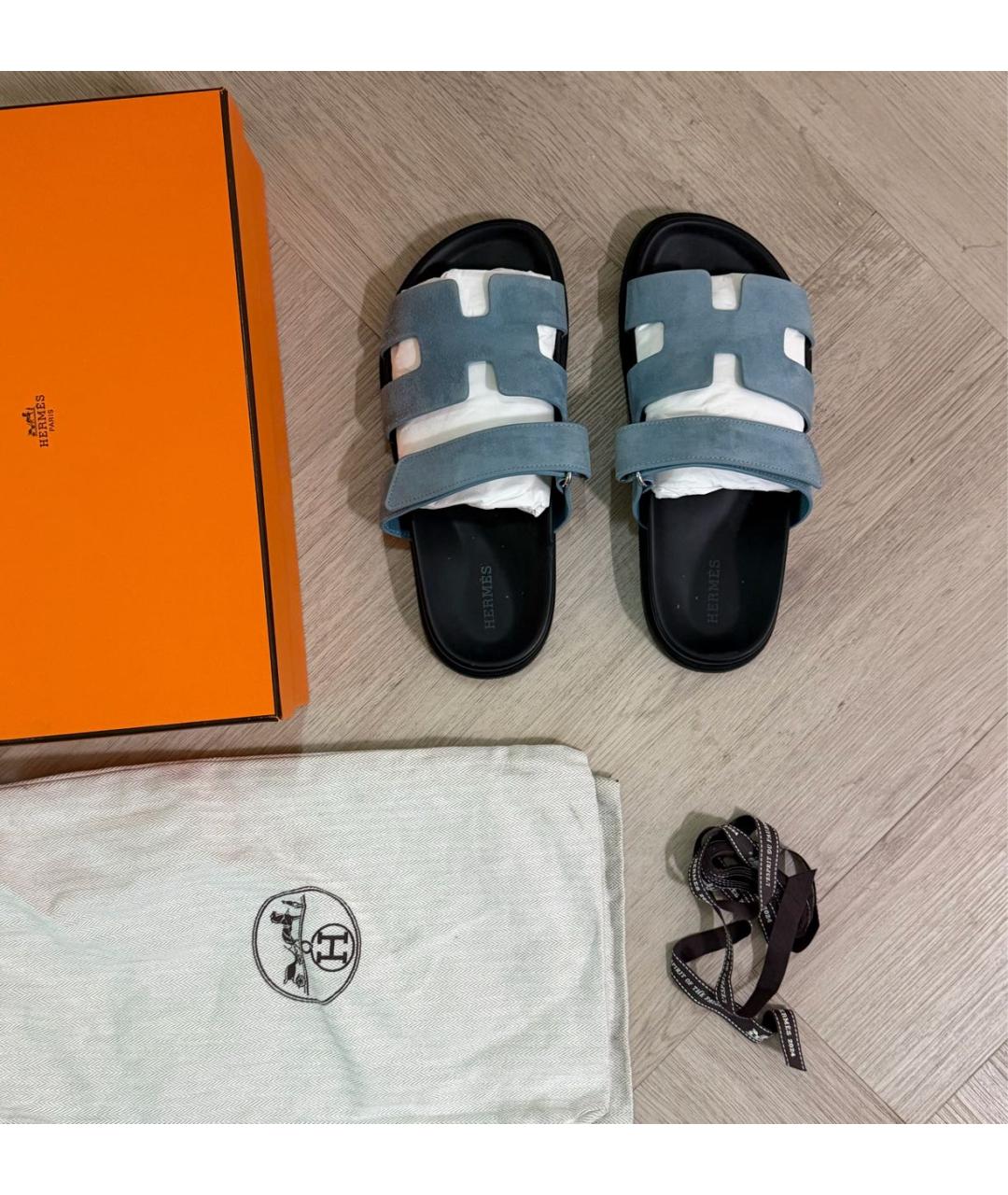 HERMES Голубые замшевые шлепанцы, фото 2