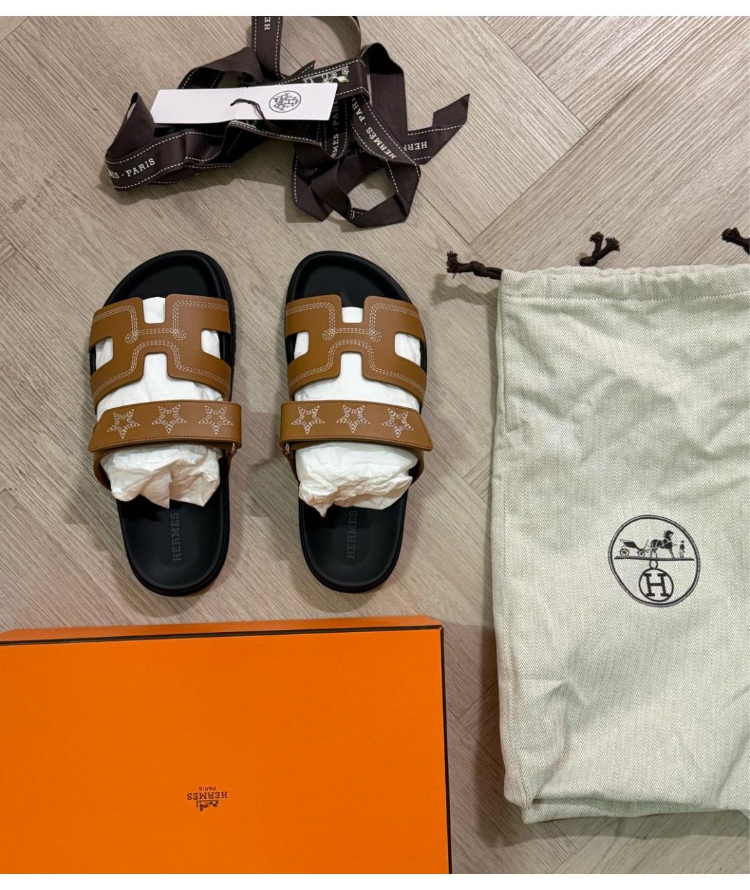 HERMES Бежевые кожаные шлепанцы, фото 3