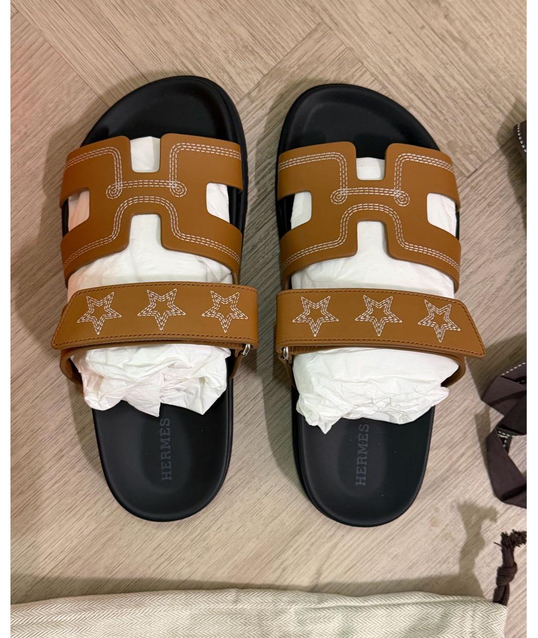 HERMES Бежевые кожаные шлепанцы, фото 2