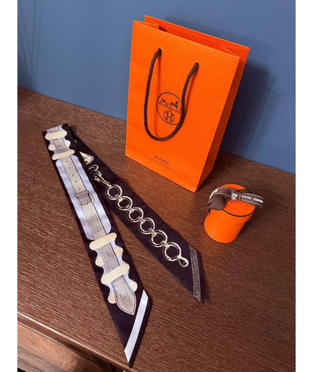 HERMES Черный шелковый платок, фото 4