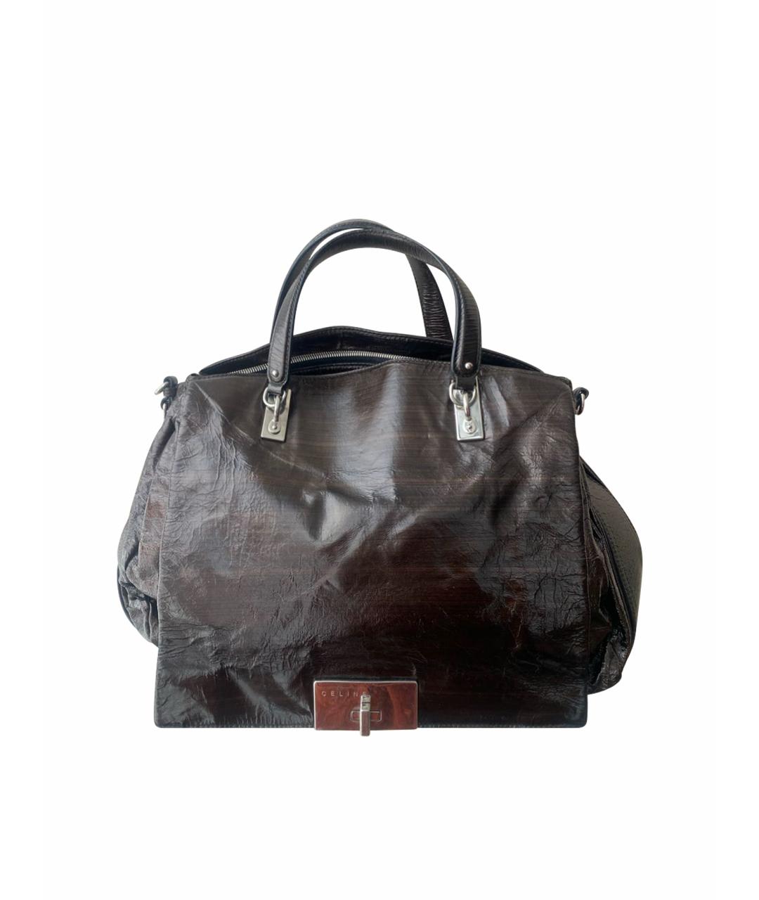 CELINE Коричневая сумка с короткими ручками из лакированной кожи, фото 1