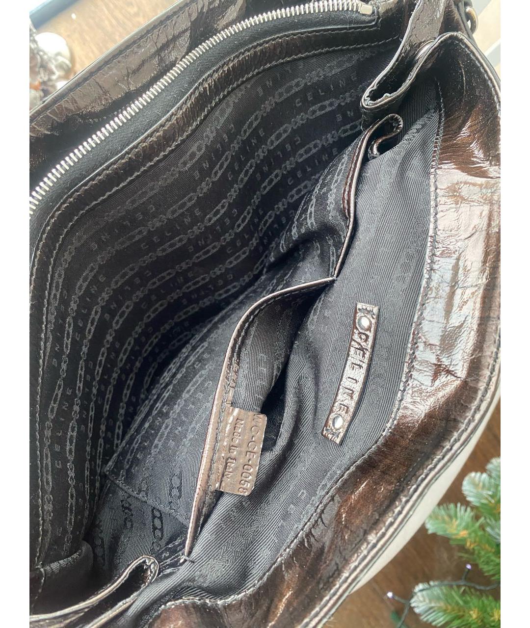 CELINE Коричневая сумка с короткими ручками из лакированной кожи, фото 2