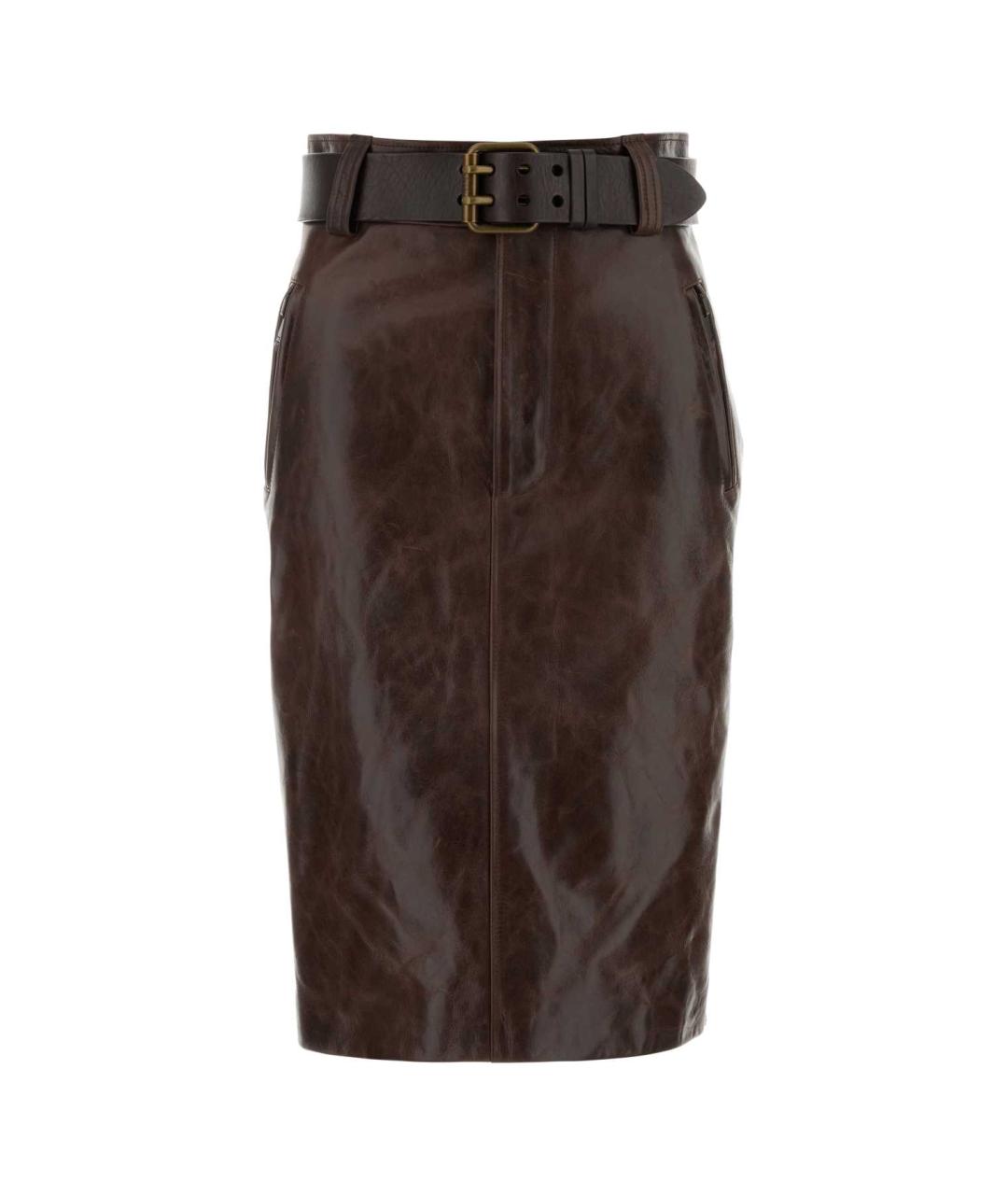 SAINT LAURENT Коричневая кожаная юбка миди, фото 1