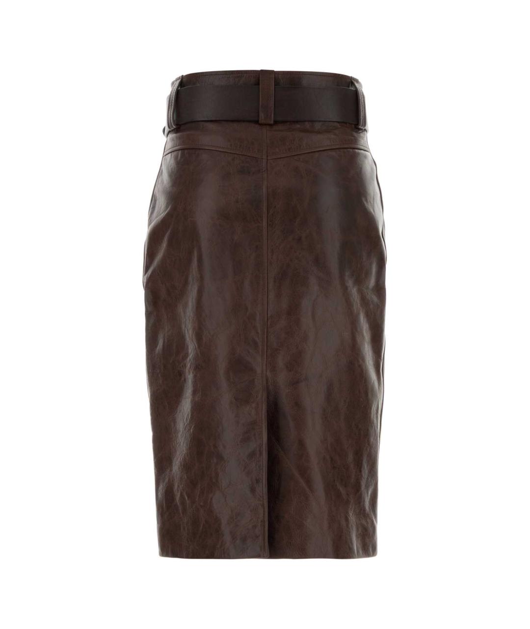 SAINT LAURENT Коричневая кожаная юбка миди, фото 2