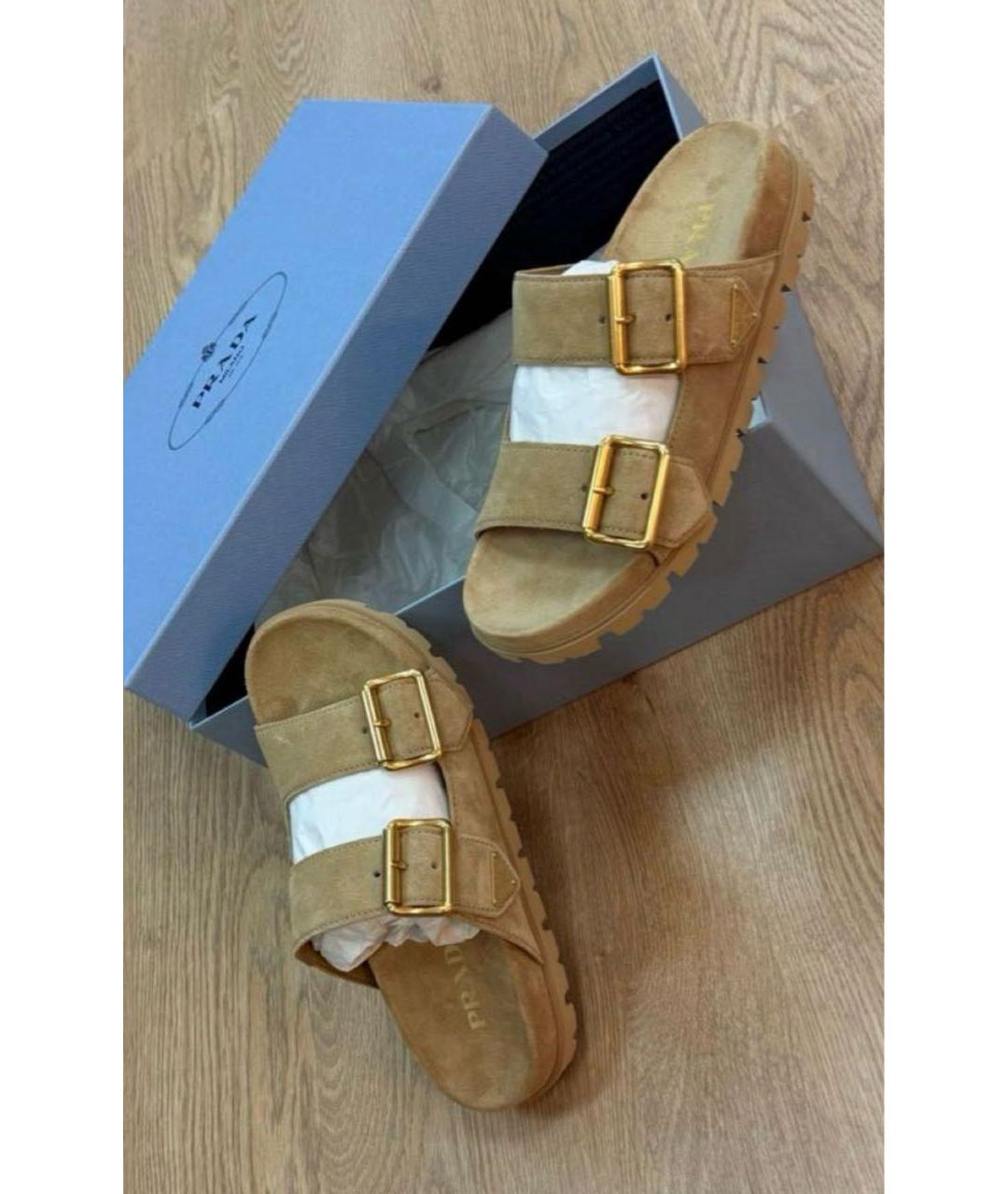 PRADA Бежевые замшевые шлепанцы, фото 5