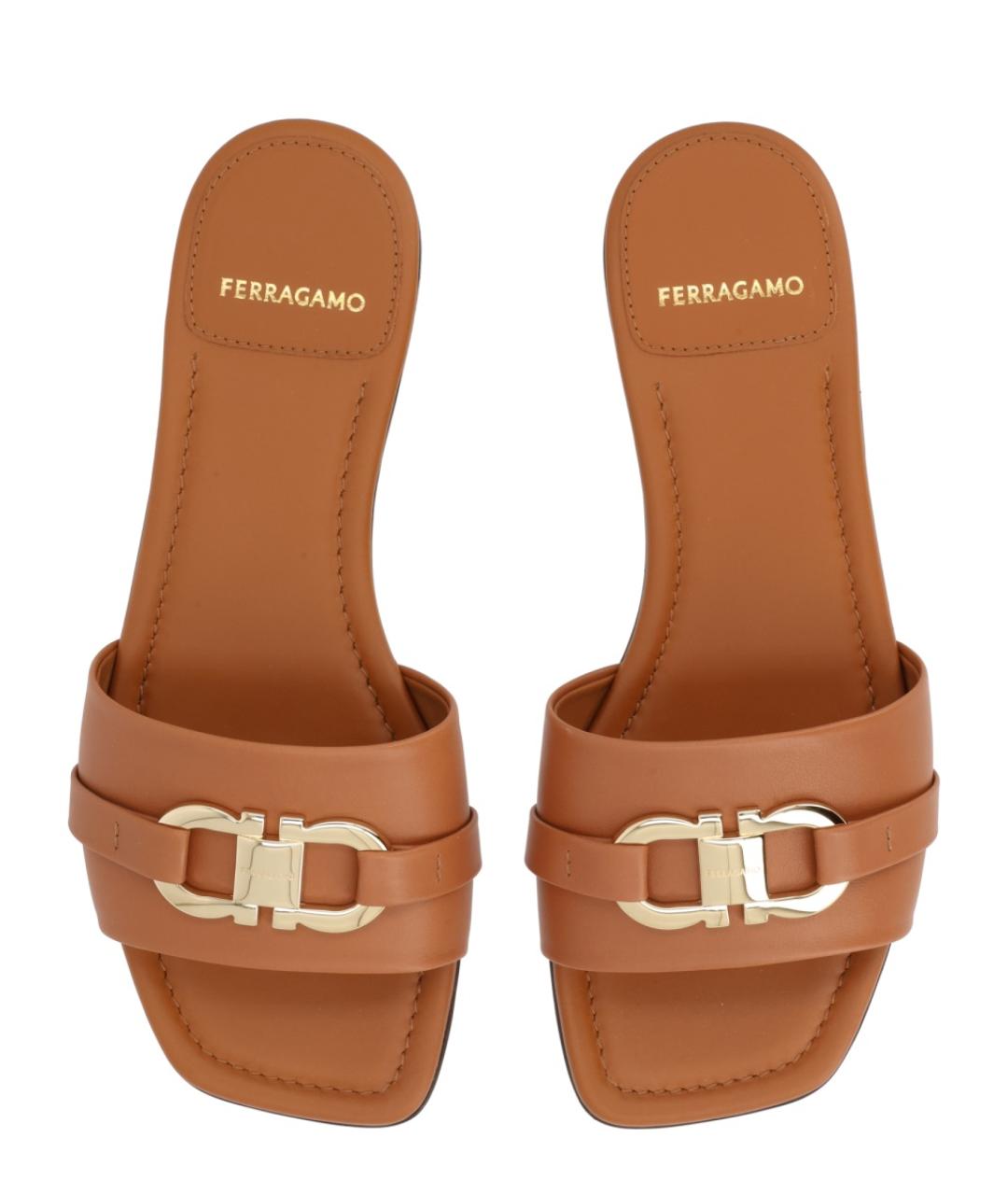 FERRAGAMO Коричневые кожаные шлепанцы, фото 5