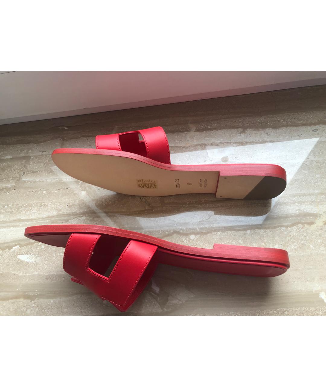 HERMES Красные кожаные шлепанцы, фото 4